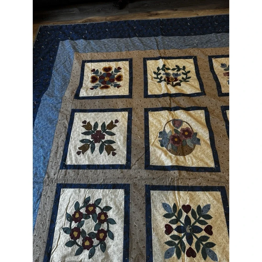 Vintage Handmade Applique Folk Art Quilt King Queen 106x89‎ Floral Country Home